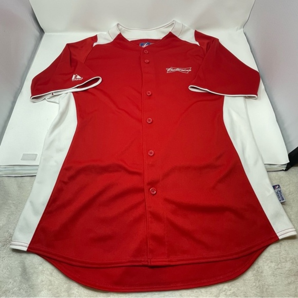Majestic Budweiser Baseball Jersey Men L Red‎ White Cool Base Anheuser Busch Top